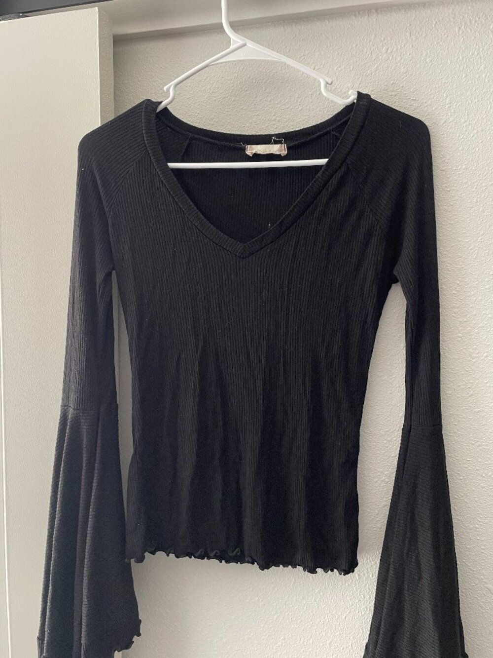 Altar'd State Black Rib-Knit Bell Sleeve Top